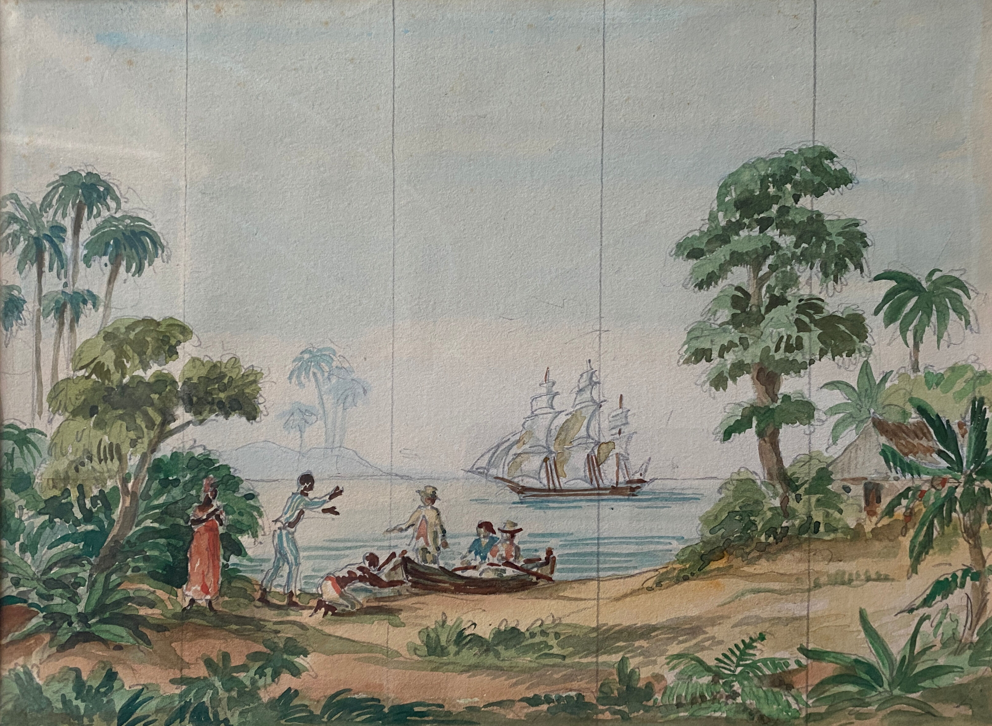 Watercolor painting study "Colonial Scene" Conquest of America