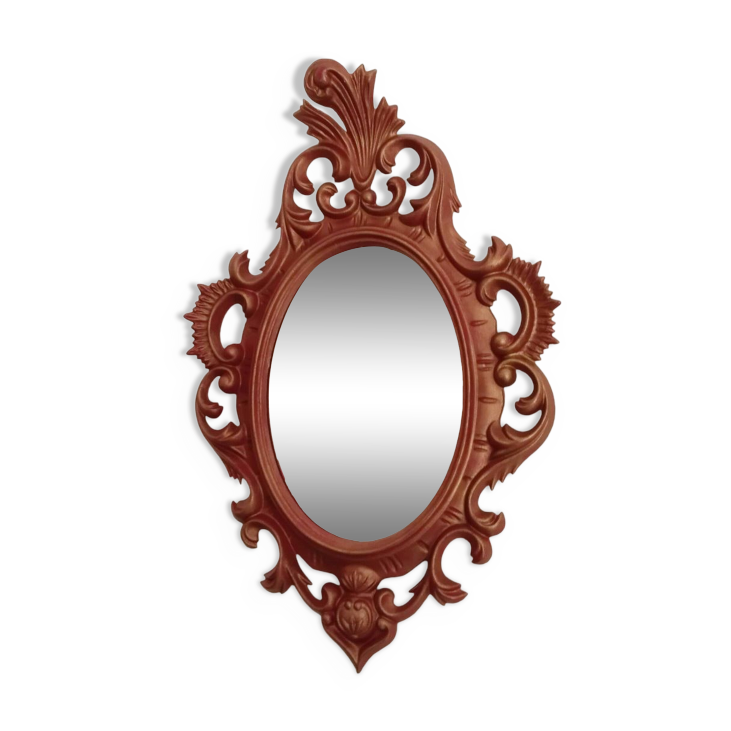 Classic red and gold patinated rocaille mirror, 35 cm x 23 cm