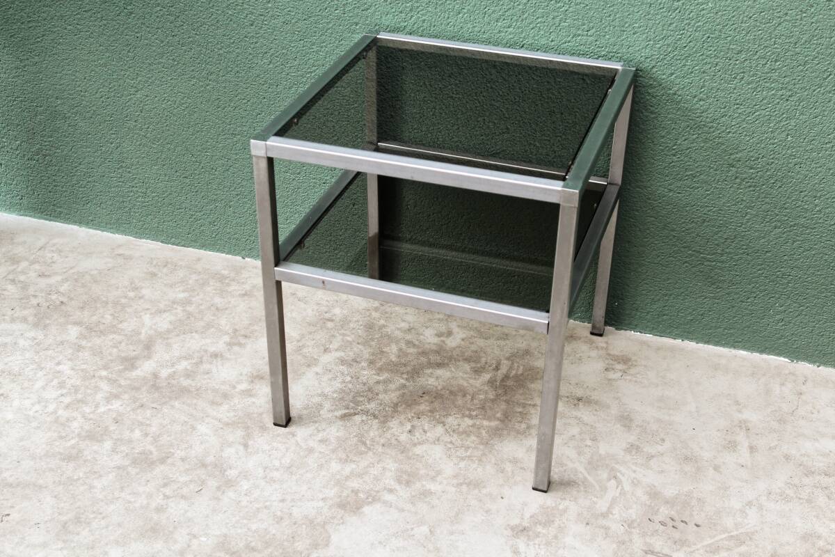 End table, chrome metal and smoked glass coffee table