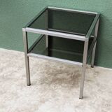 End table, chrome metal and smoked glass coffee table