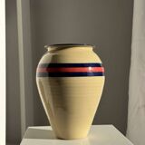 Large beige vase with blue and pink trim H27 D21
