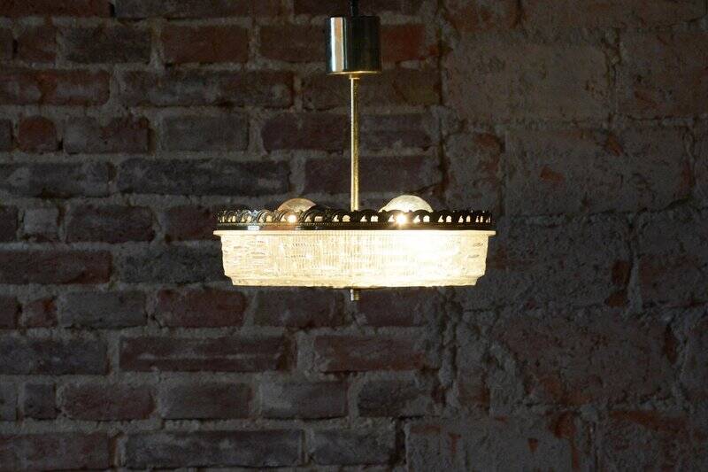 Mid-Century Chandelier in Glass and Brass attributed to Kamenický Šenov, Czech, 1960s