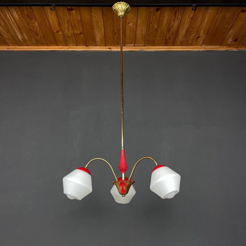 Italian vintage chandelier in brass and milky glass with 3 arms, 1950s.