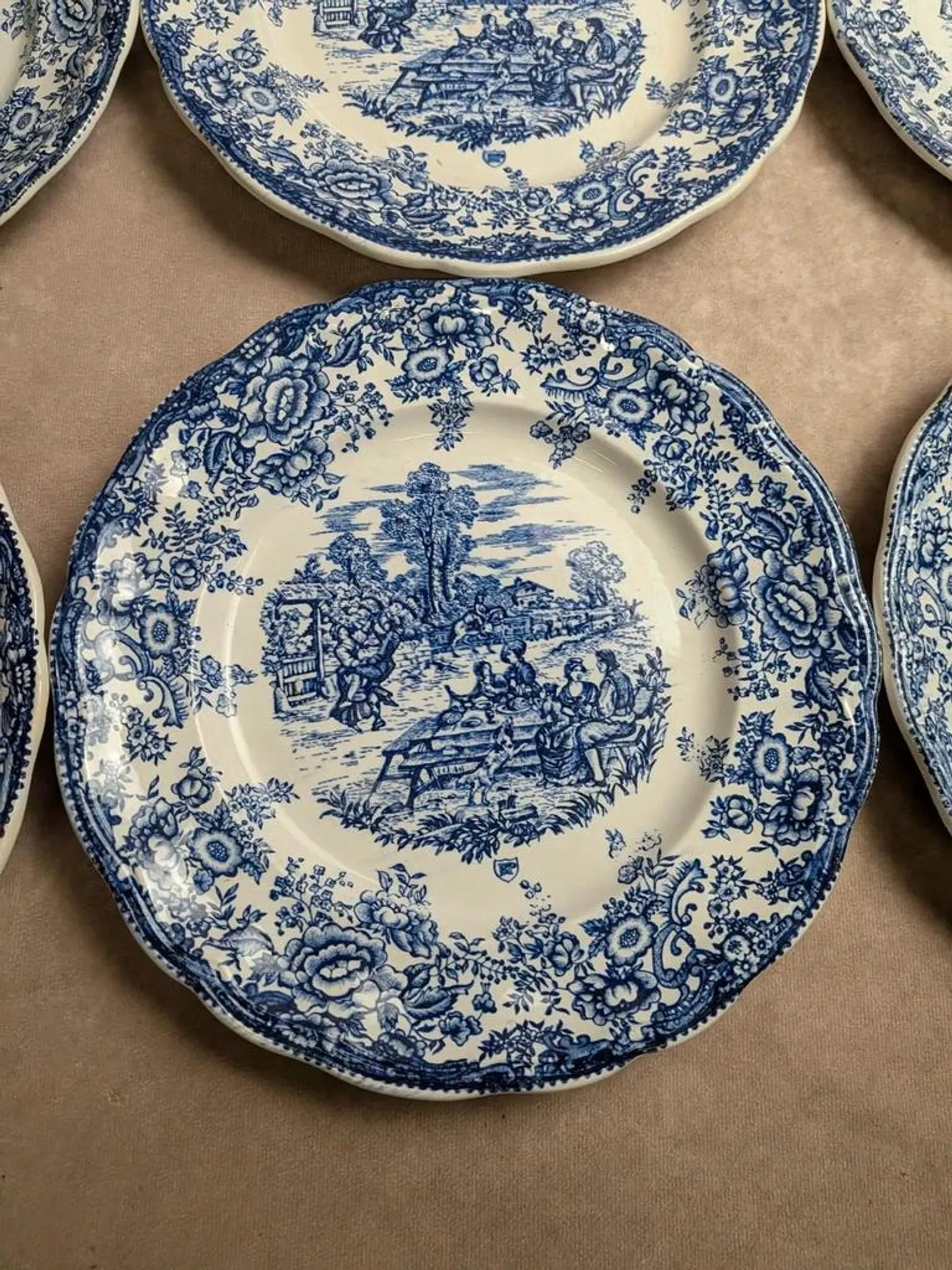 Set of 12 flat plates Terre de fer BP – Blue toile de Jouy pattern