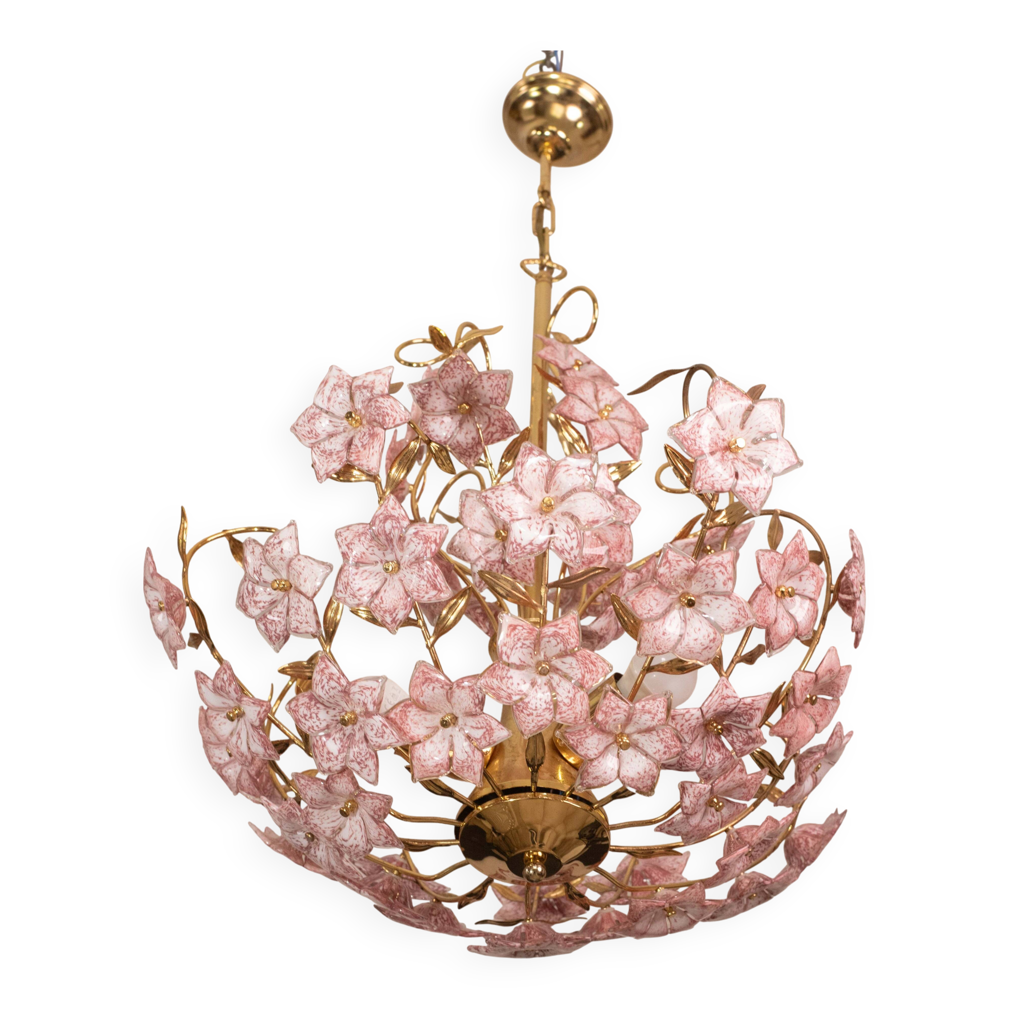 Vintage Murano Glass Chandelier Pink Flowers, 1970