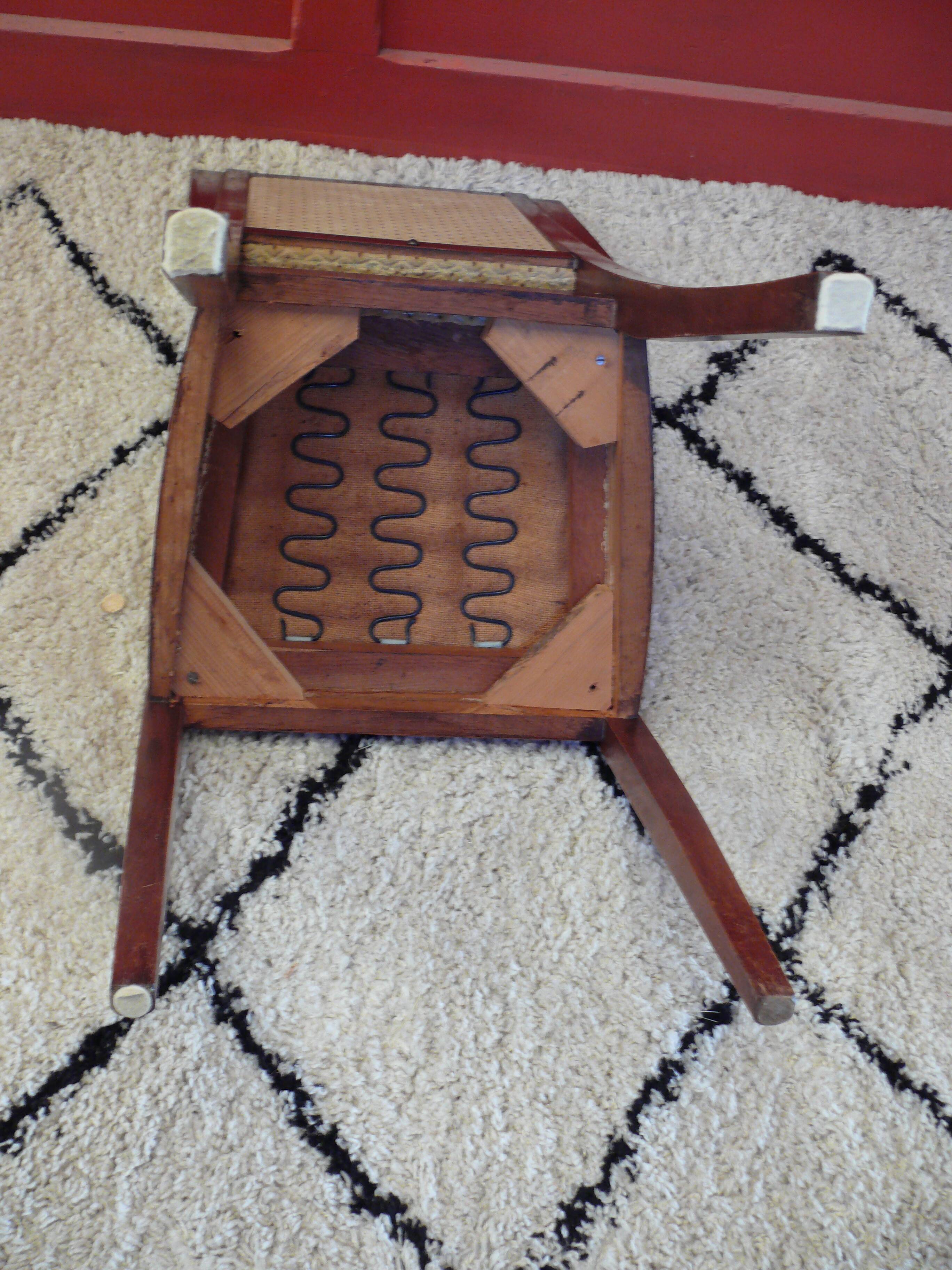 Six Art Deco chairs. Oak and original crushed velvet.