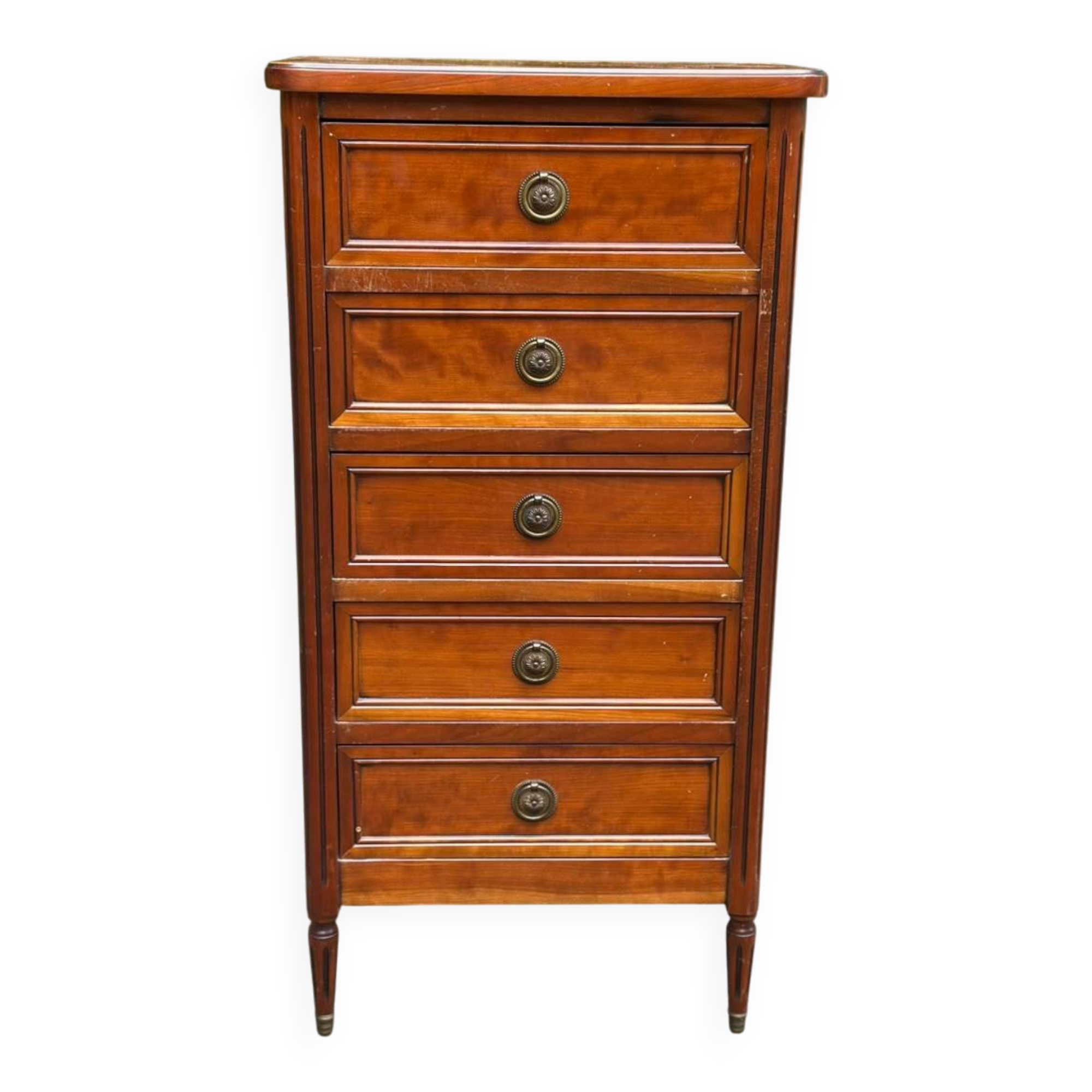 Louis XVI solid cherry wood chest of drawers with 5 drawers, 1980.