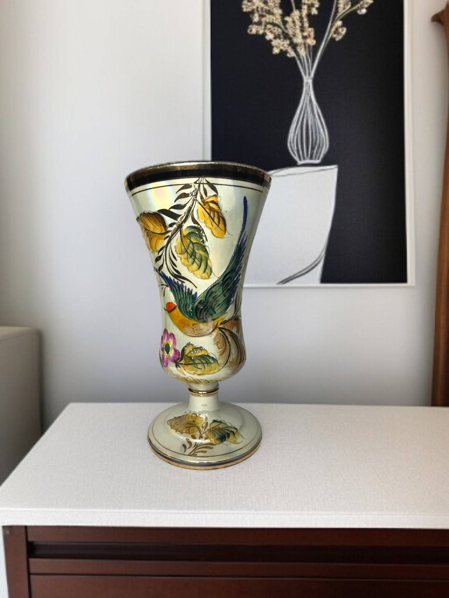 Bequet Quaregnon, pedestal vase with bird decoration circa 1950