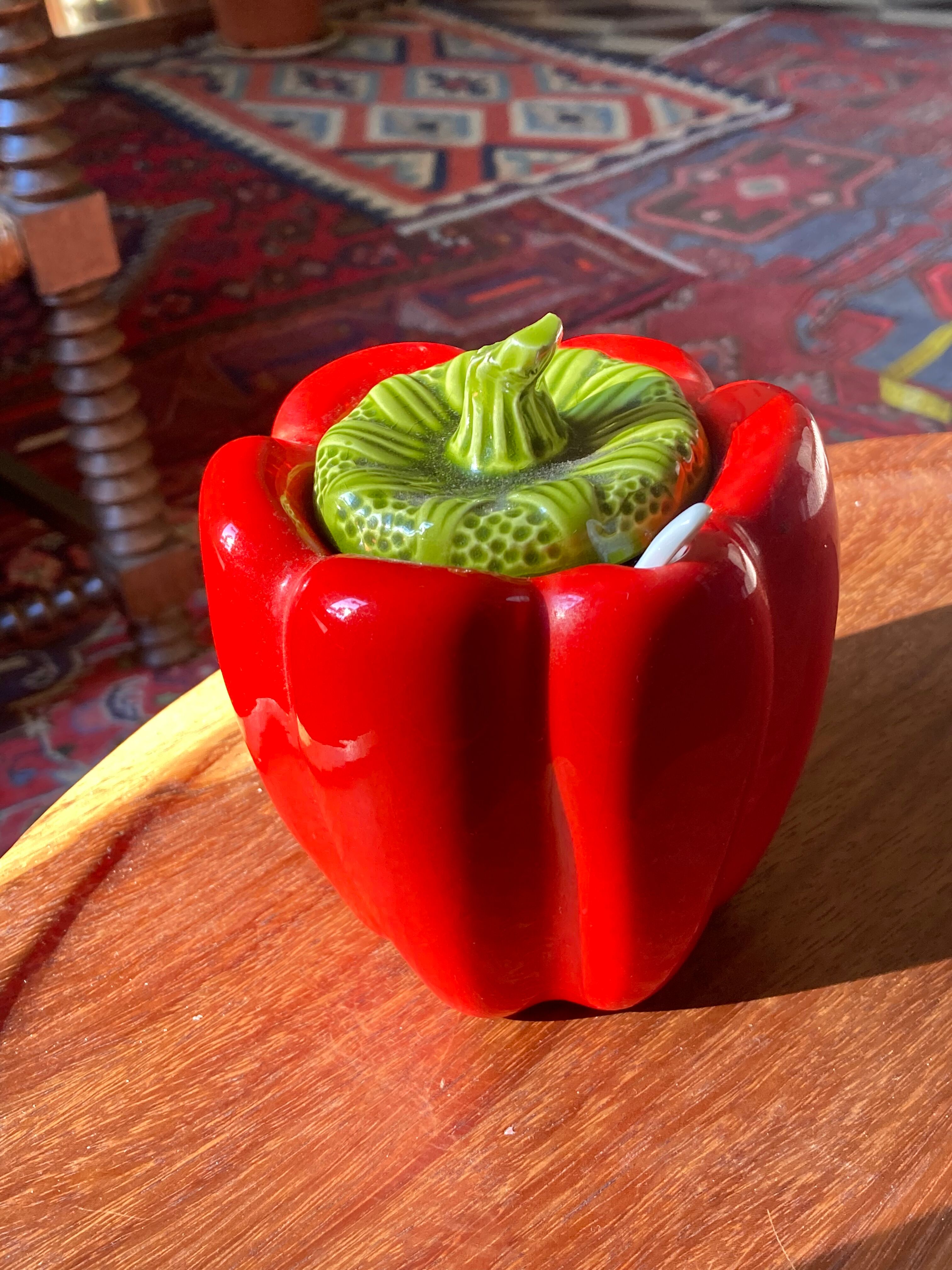 Vintage pepper slip / red and green ceramic covered pot / sugar bowl