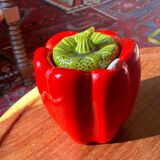 Vintage pepper slip / red and green ceramic covered pot / sugar bowl