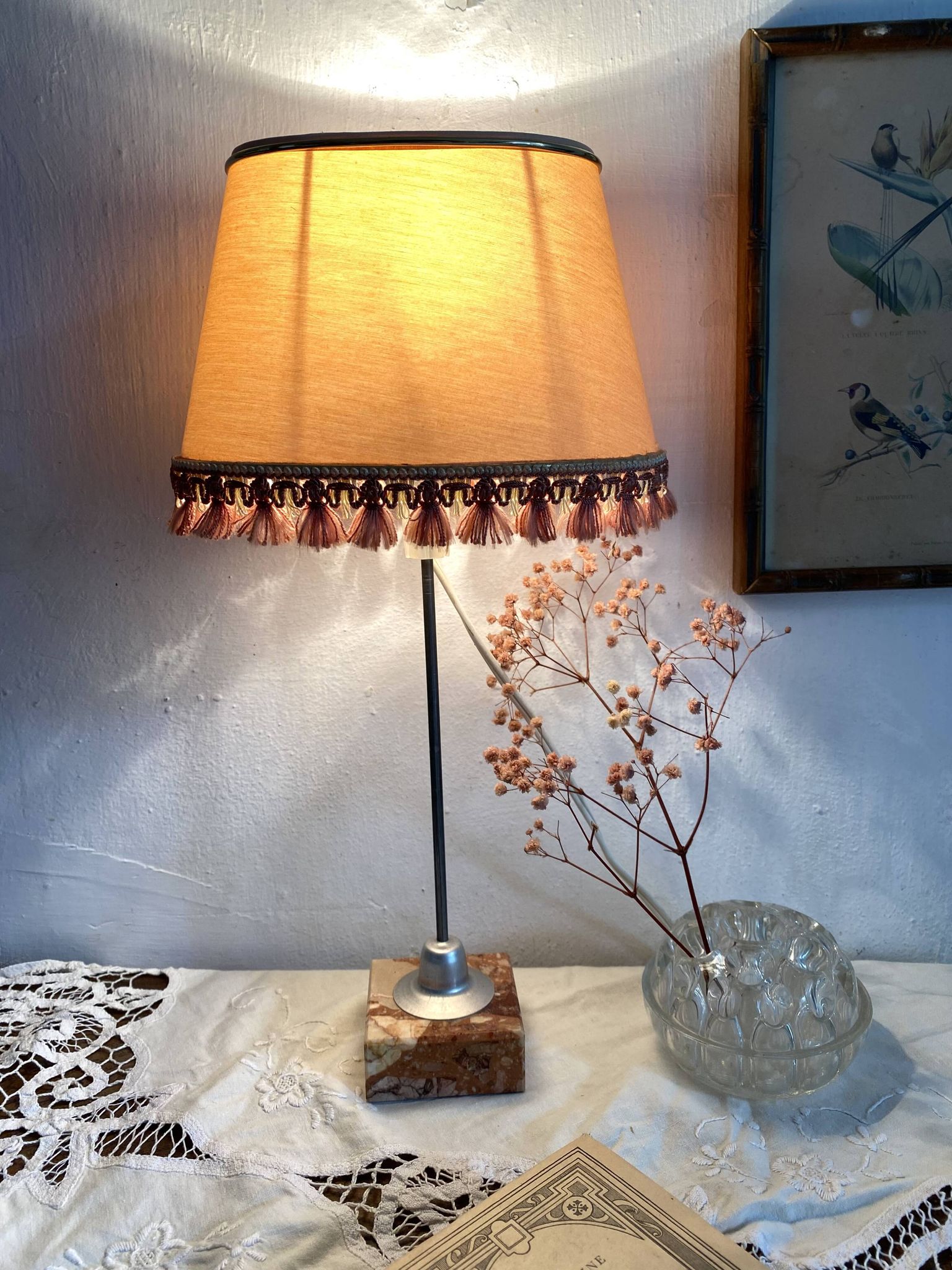 Lampe rétro abat jour franges socle en marbre