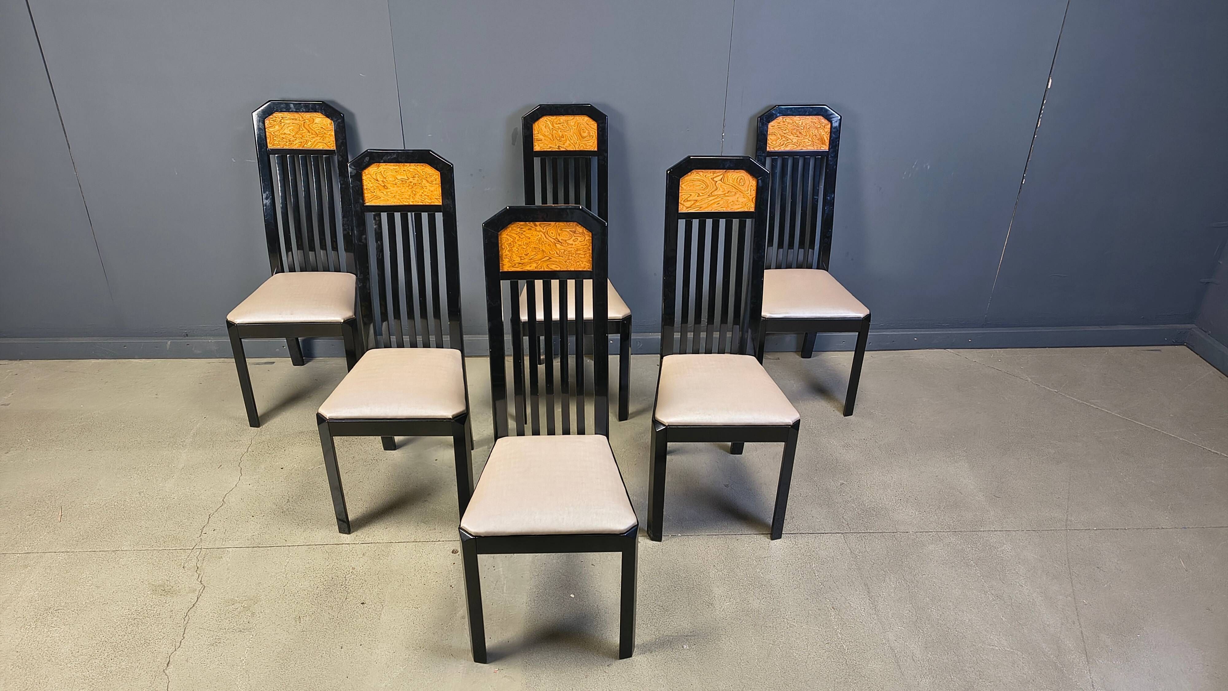 Vintage burl wood and lacquer dining chairs, 1980s
