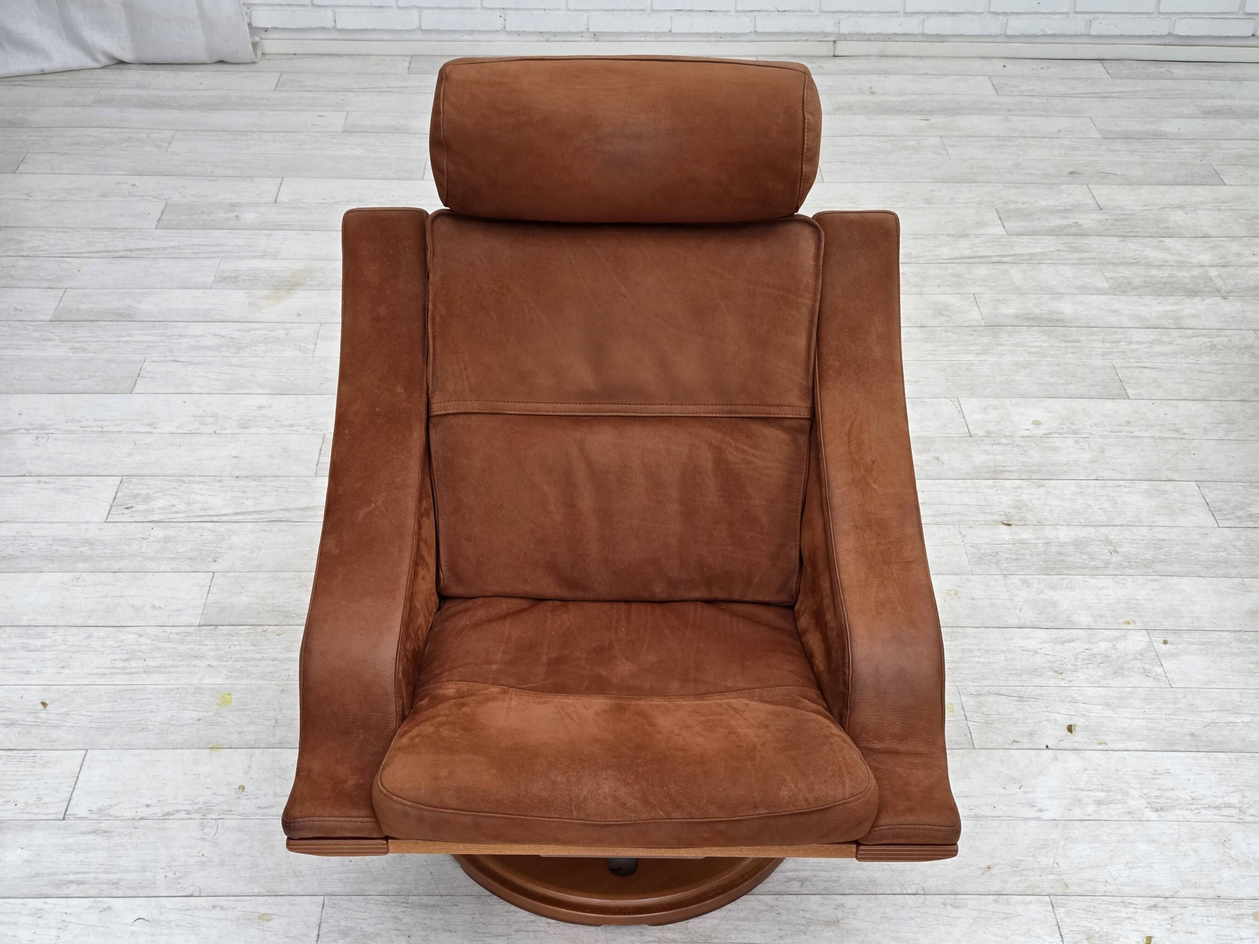 1980s, Swedish swivel armchair, nubuck leather, canvas, bent beech wood.