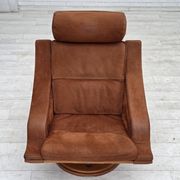 1980s, Swedish swivel armchair, nubuck leather, canvas, bent beech wood.