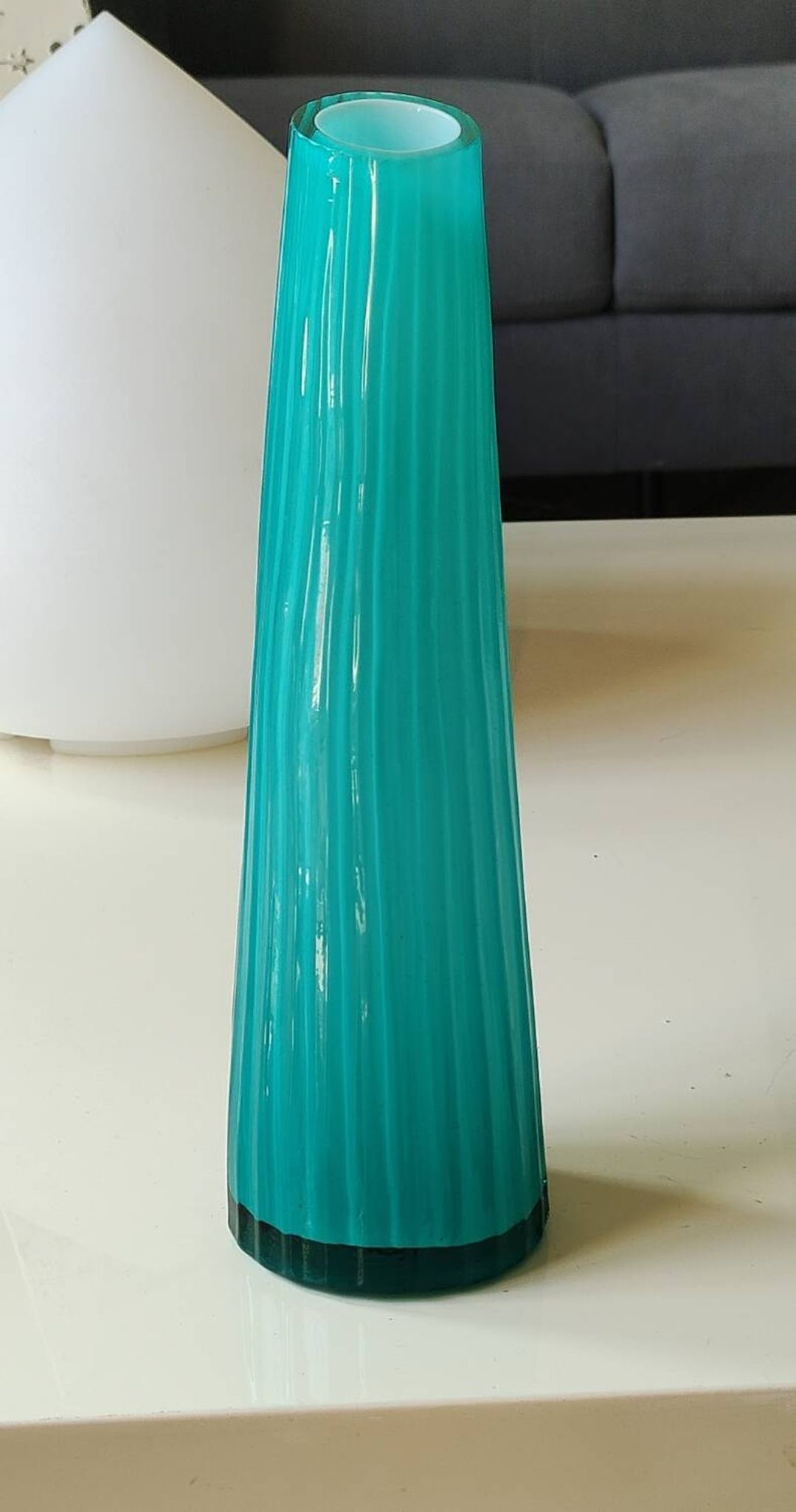 Design Horn/Curved Vase with Ribbed Effects. Turquoise Blue