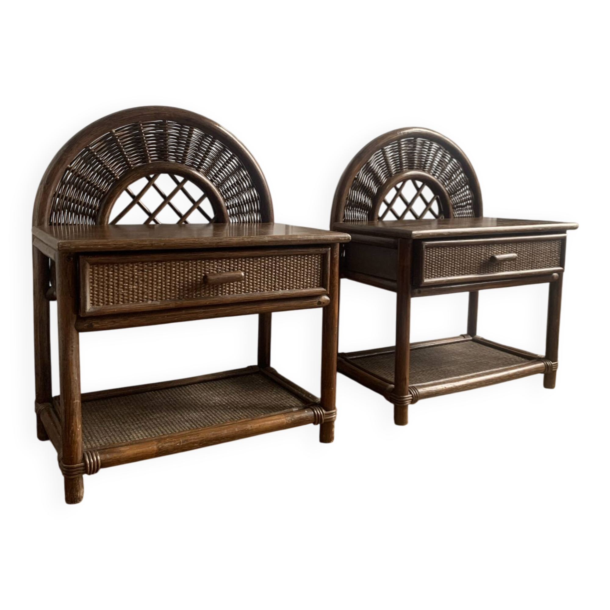 Pair of rattan bedside tables