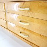 1960s italian sideboard/chest of drawers in high gloss finish with glass top and shelf