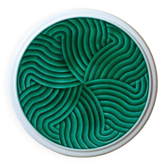 Sarreguemines emerald green trivet, green earthenware trivet, flat support, modernist