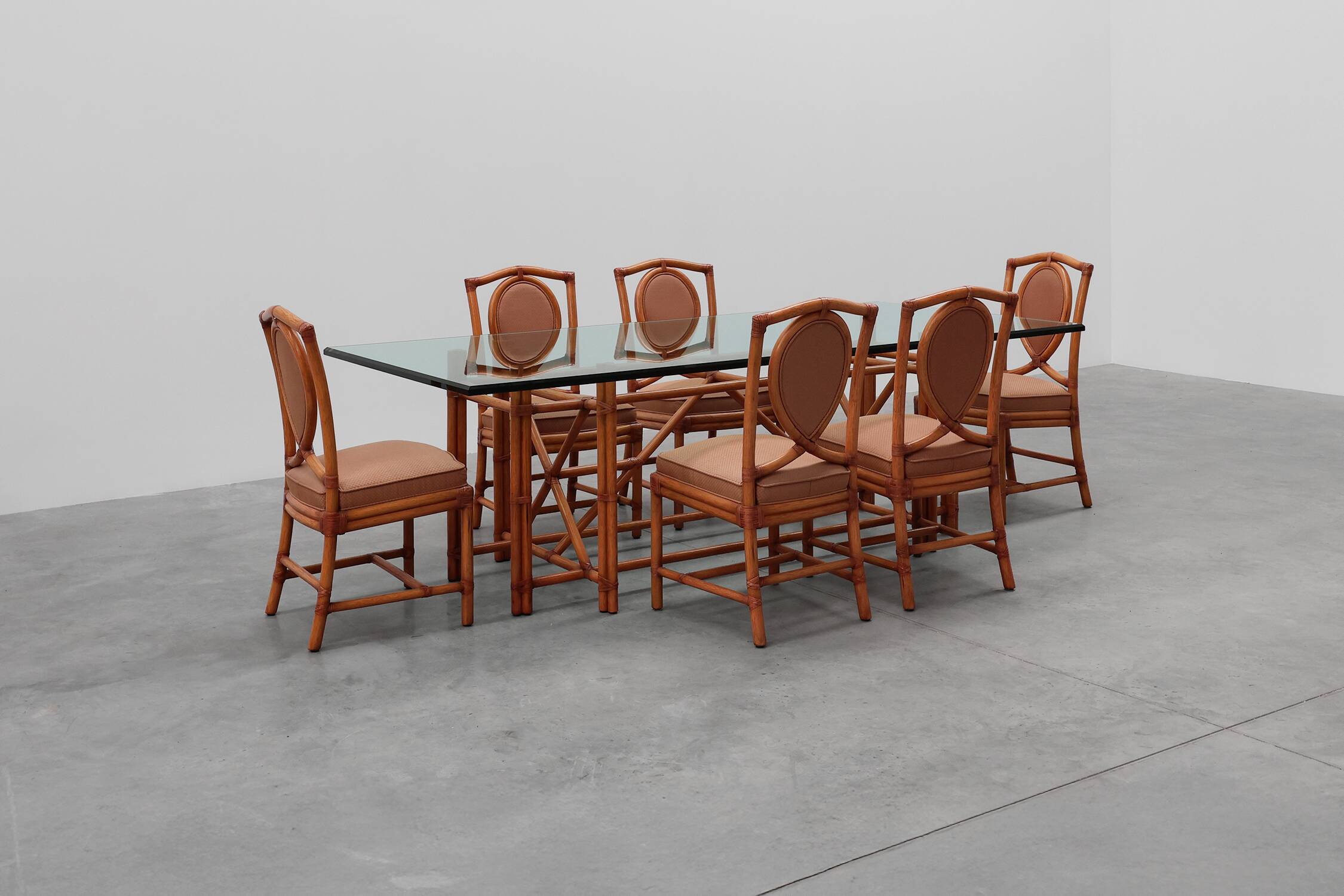 Set of 6 bamboo dining room chairs with geometric upholstery by Gasparucci