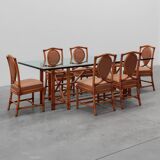 Set of 6 bamboo dining room chairs with geometric upholstery by Gasparucci