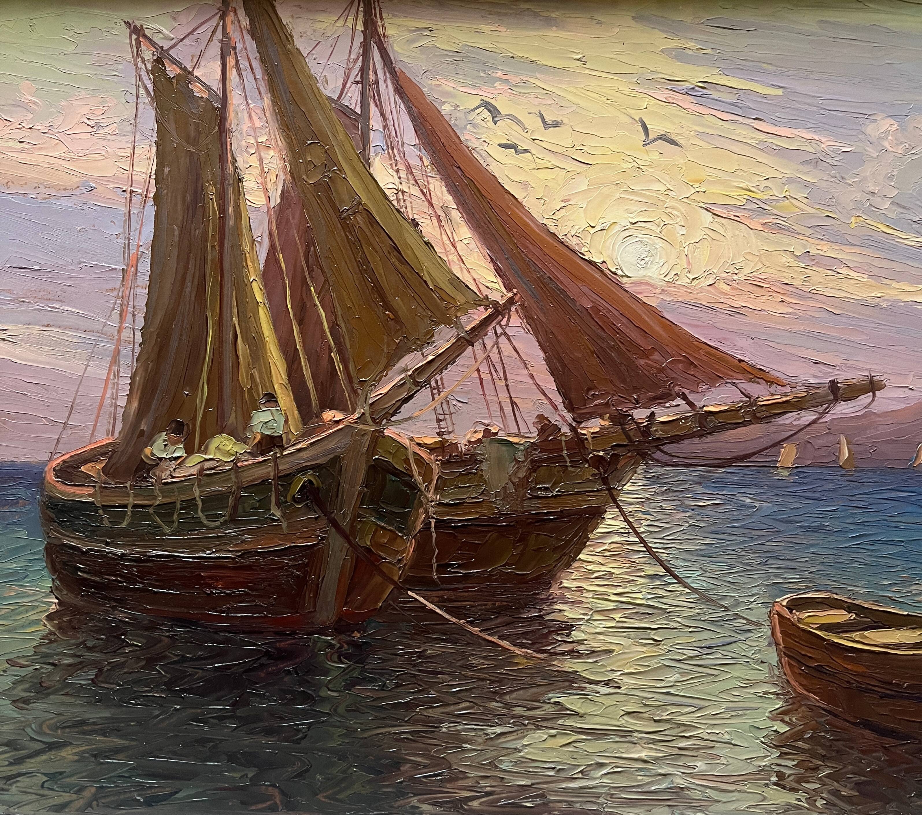 Tableau HSP "Mediterranean Sea" sailing boats in the port signed Dorges