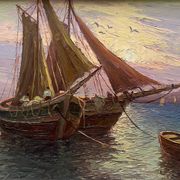 Tableau HSP "Mediterranean Sea" sailing boats in the port signed Dorges