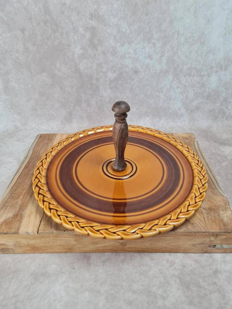 Vintage serving tray with wooden handle – numbered 7532