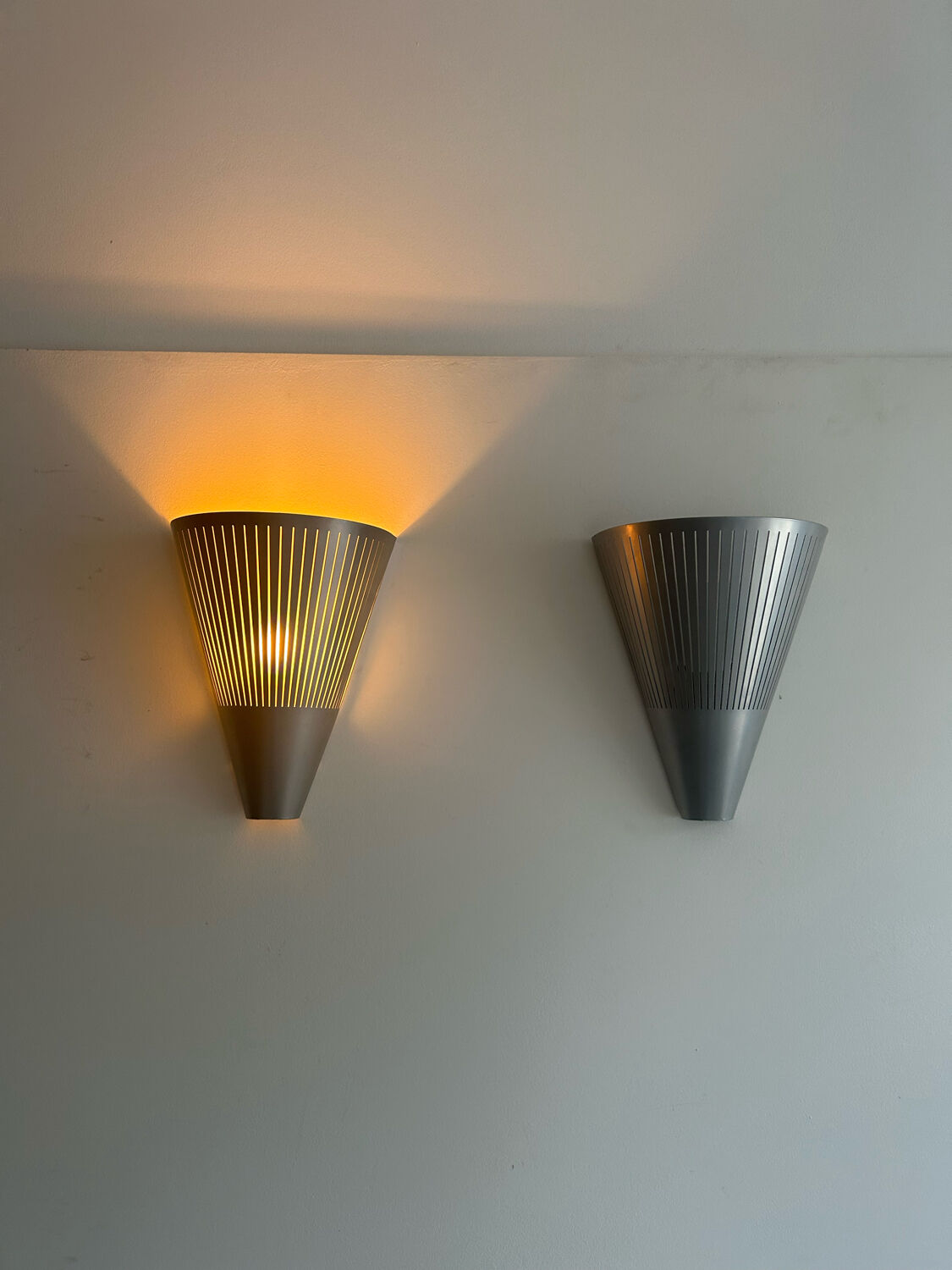 Pair of vintage conical wall lights, ribbed metal, Sweden 1970