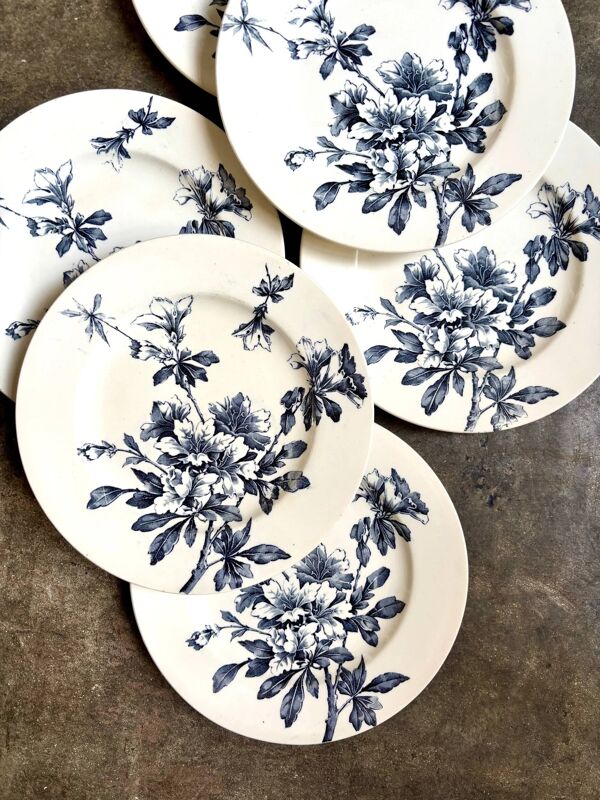 6 assiettes à dessert Lunéville en terre de fer bleue, service ''Azaléa