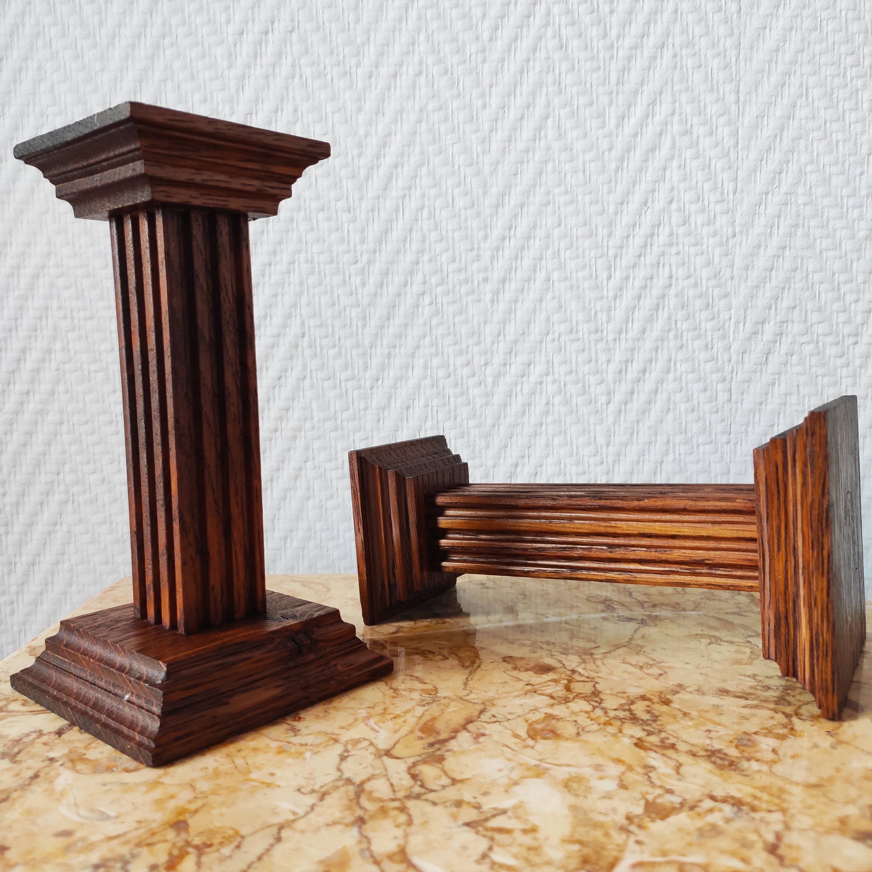 Pair of vintage oak wood candlesticks in Art Deco style