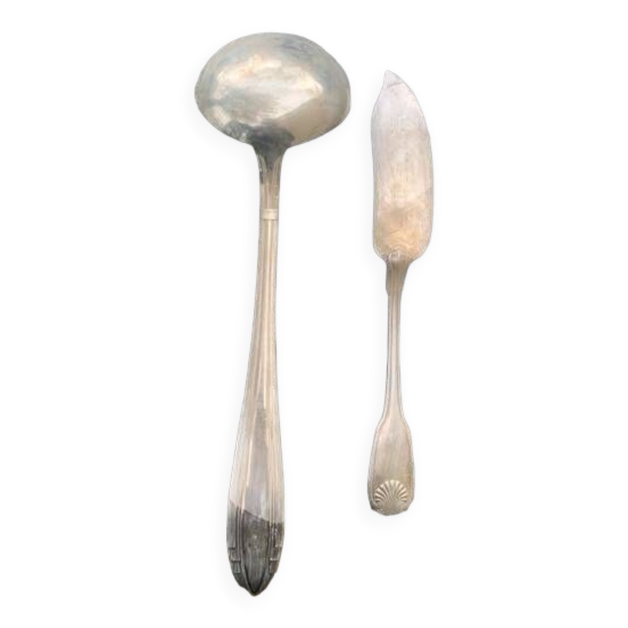 Lot of mismatched silver metal serving cutlery, a ladle and a fish knife