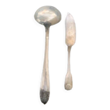 Lot de couverts de service en metal argente, dépareillés, une louche et un couteau a poisson