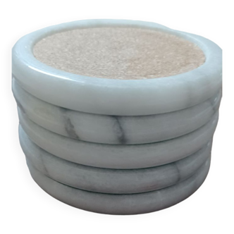 Set of 5 round white marble vintage coasters