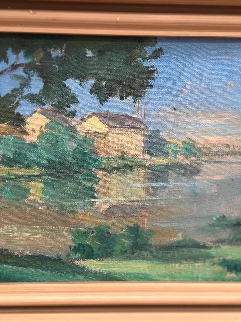 Original Oil on Canvas – “House near The Lake” by Fern I. Coppedge – Signed – Vintage & Framed – 30 × 24 cm (11.8" × 9.4")