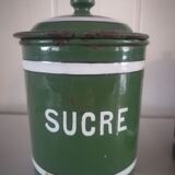 Set of 6 old enamelled jars with 6 trundle lids