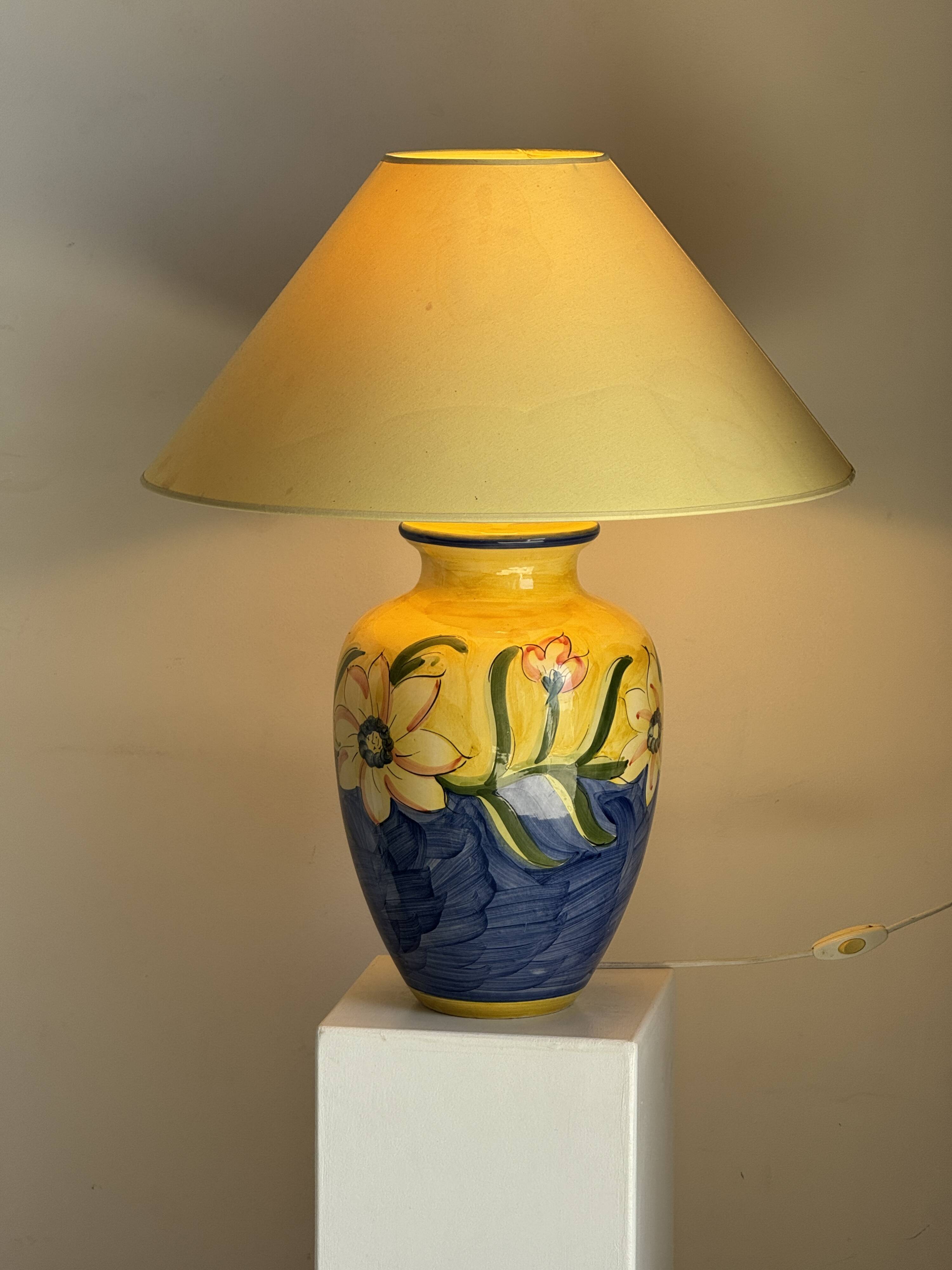 Large blue and yellow lamp with floral patterns H60