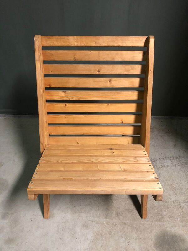 Chaise à ciseaux pliante en pin vintage