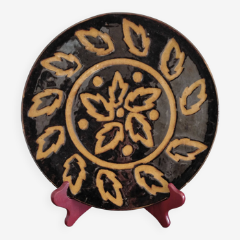 Vintage Dauphiné glazed terracotta dish Michèle Peyric Leaf decoration