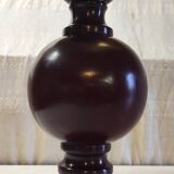 Turned wood table lamp in plum color - 1970s