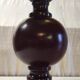 Turned wood table lamp in plum color - 1970s