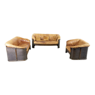 Vintage wicker and leather sofa set 1960s