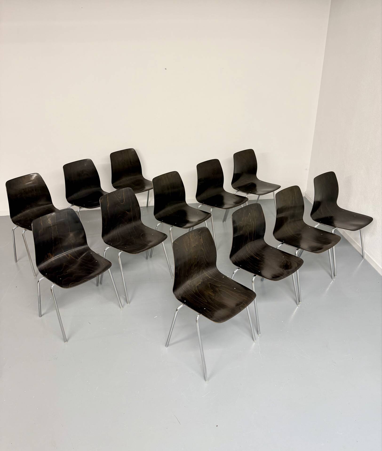 Set of 12 wooden and chrome chairs, Pagholz design from the 80s, vintage Pagwood.