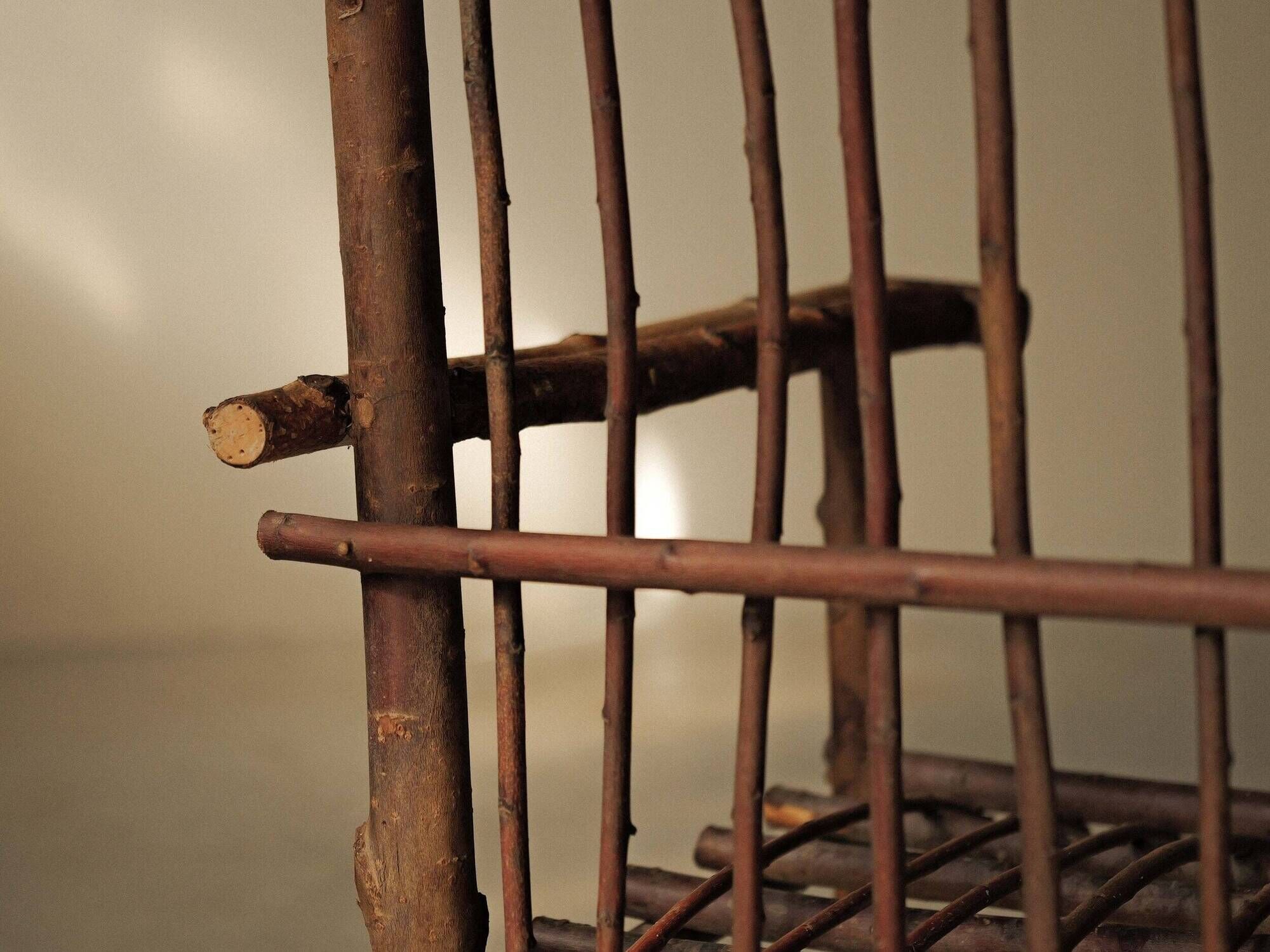 Brutalist armchair made of hazel branches, circa 1970.