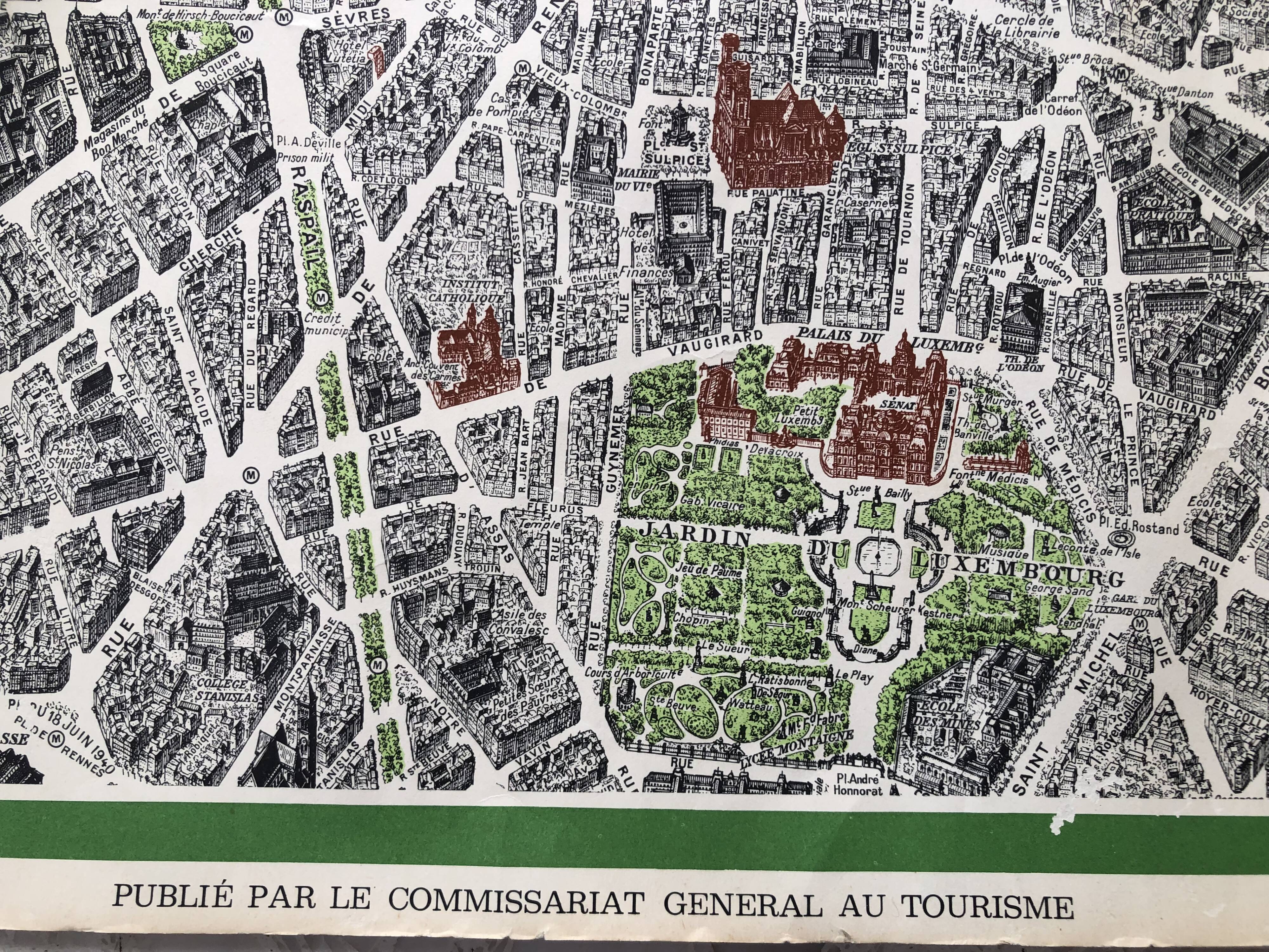 1959 map view of the center of paris from a bird's eye, n° 63 blondel la rougery, tourism commission