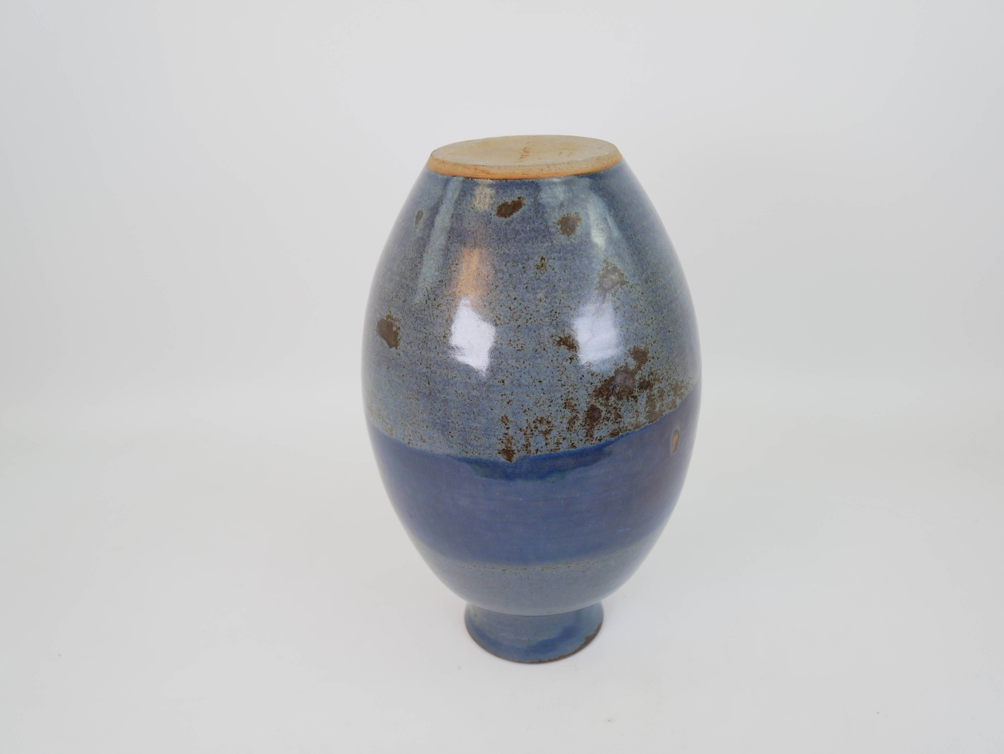 Large blue glazed ceramic vase signed under the base
