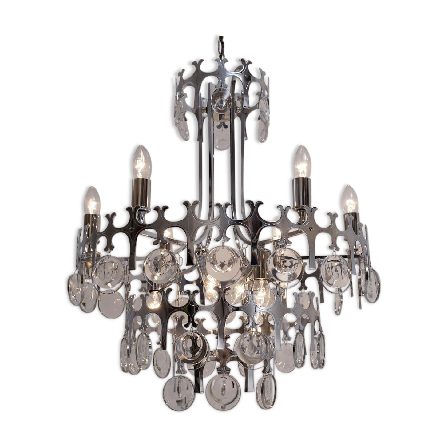 Sciolari chandelier `Ovali` 12 lights, silver with optical crystals, 1970`s ca, Italian, Rewired
