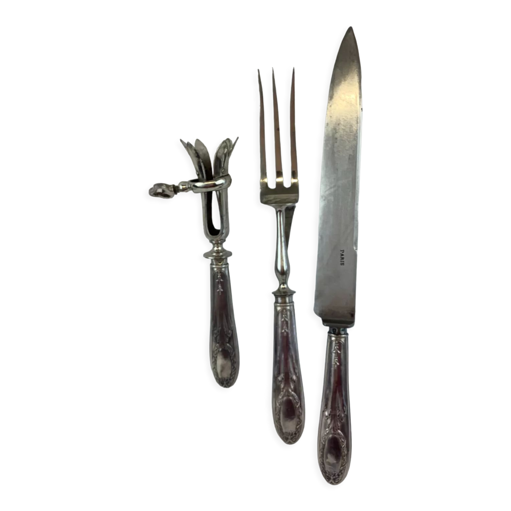Service à Gigot Ancien 3 Pièces En Métal Argenté Avec Son écrin Chagrin Vert
