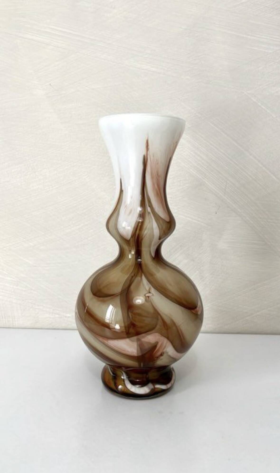 Murano glass vase, white and brown opaline with a swirl pattern from the 1970s.