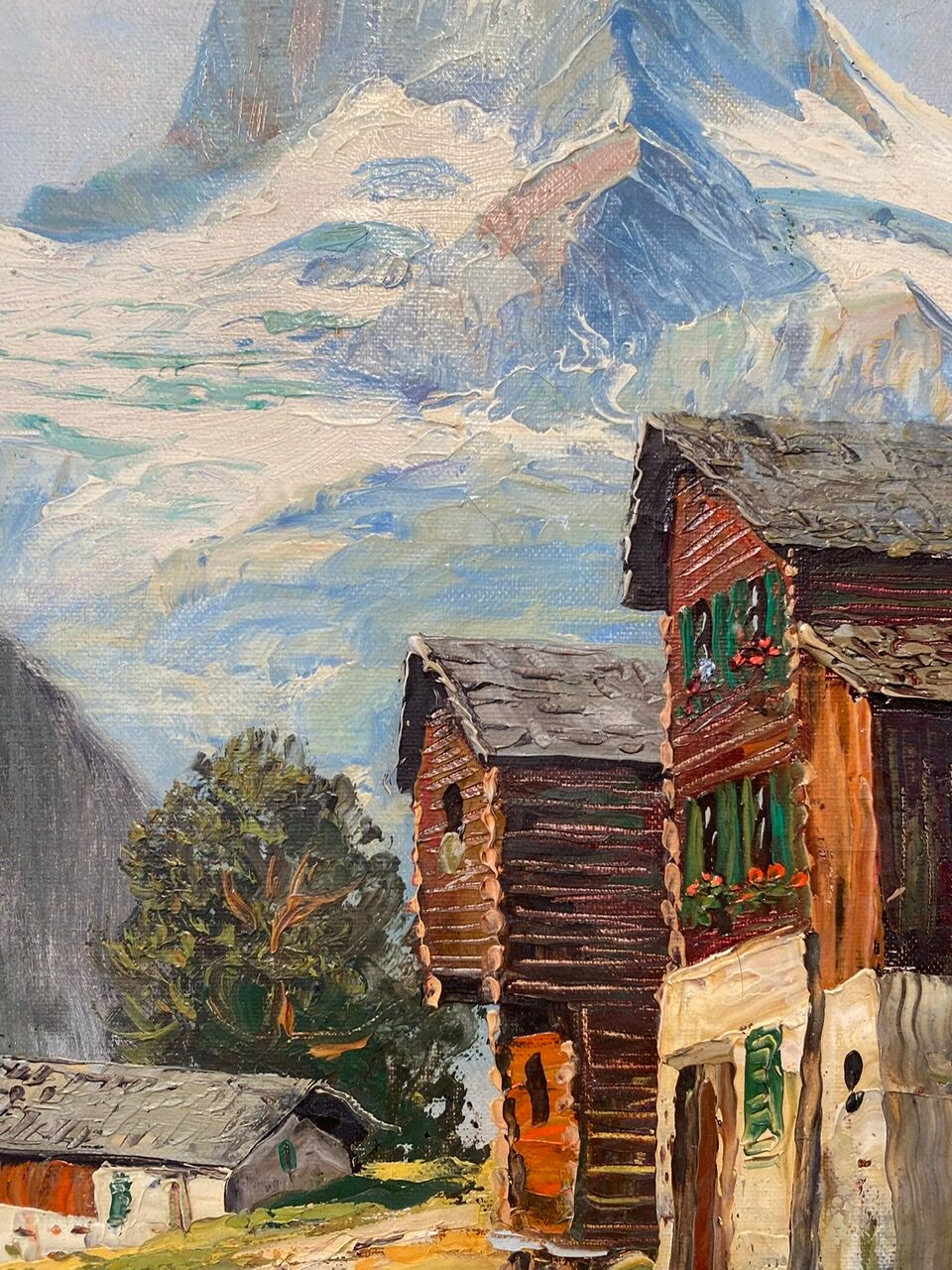 Old painting, Swiss mountain landscape signed H Herzer, mid-XX century