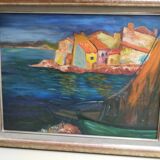 Mediterranean oil on canvas 80s signed Monique Barnier